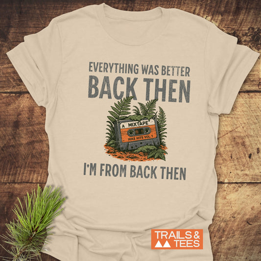 Back Then T-Shirt featuring a detailed cassette tape graphic, capturing a nostalgic theme, showcased with short sleeves. Ideal for a retro-inspired look.