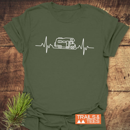 RV Heartbeat T-Shirt featuring a camper drawing, perfect for active wear. Close-up highlights its design, ideal for adventure enthusiasts and casual outings.