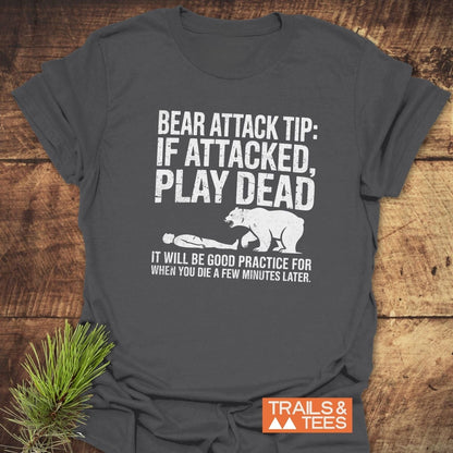 Bear Attack Tip T-Shirt featuring a black and white bear graphic. Made from soft cotton, designed for durability and comfort during outdoor adventures.