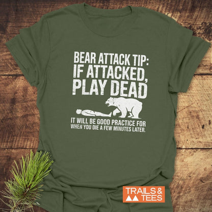 Bear Attack Tip T-Shirt, featuring durable prints and soft, lightweight cotton, designed for outdoor adventures with taped shoulders and no side seams.