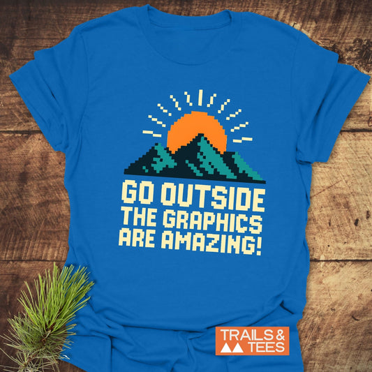 Go Outside Pixelart Mountain T-Shirt featuring a detailed graphic design, crafted from soft cotton, ideal for outdoor adventures and casual wear.