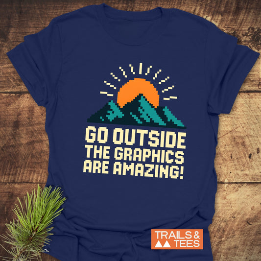 Go Outside Pixelart Mountain T-Shirt featuring a sun and mountains design, crafted from soft ring-spun cotton for comfort and durability, ideal for outdoor enthusiasts.