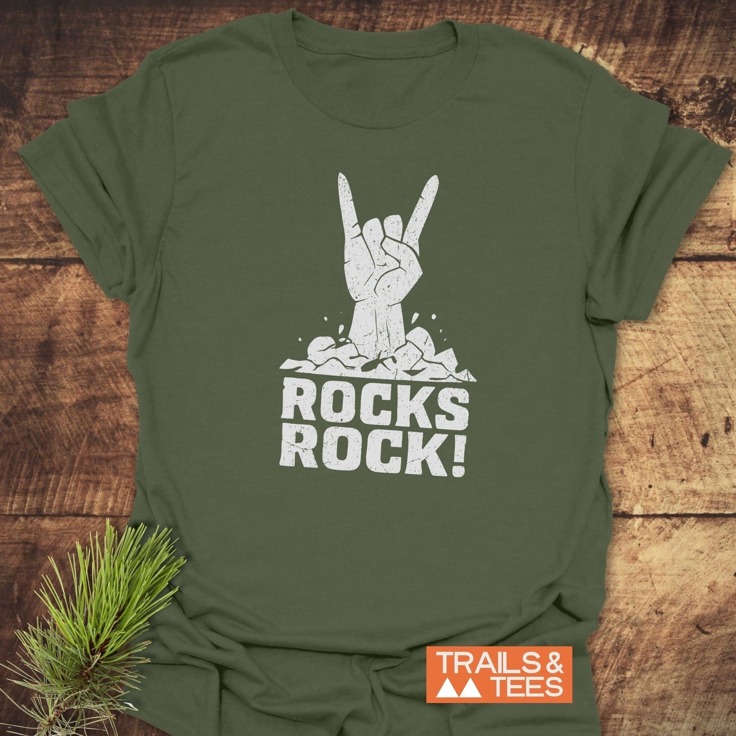 Close-up of a Rocks Rock! T-Shirt, showcasing its soft, ring-spun cotton fabric and durable print, ideal for outdoor adventures and everyday comfort.