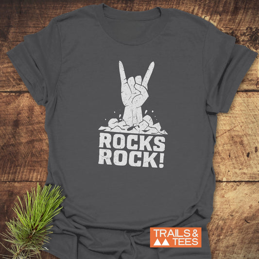 Rocks Rock! T-Shirt featuring a hand gesture design, crafted from soft ring-spun cotton, ideal for outdoor adventures with durable prints and a reliable fit.