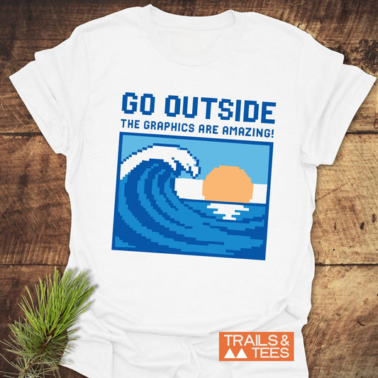 Go Outside Pixelart Wave T-Shirt, featuring durable blue text, crafted from soft ring-spun cotton for comfort and outdoor adventures, with pre-shrunk reliability.