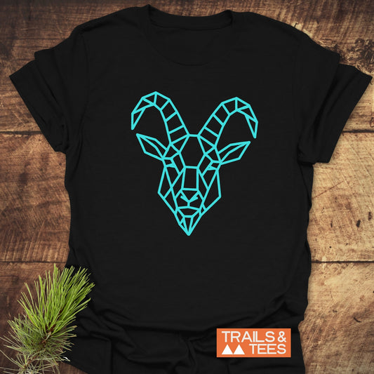 Geometric Mountain Goat T-Shirt featuring a blue goat head on a black background, crafted from soft, lightweight cotton for comfort and durability in outdoor adventures.