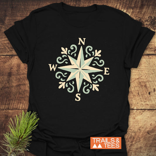 Compass Rose T-Shirt featuring a compass design, crafted from soft ring-spun cotton. Ideal for outdoor adventures, designed with durable prints and comfortable fit.