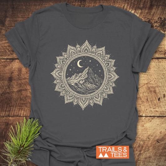 Mountain Mandala T-Shirt featuring a mountain and moon design, crafted from soft ring-spun cotton, ideal for outdoor adventures with durable, non-fading prints.