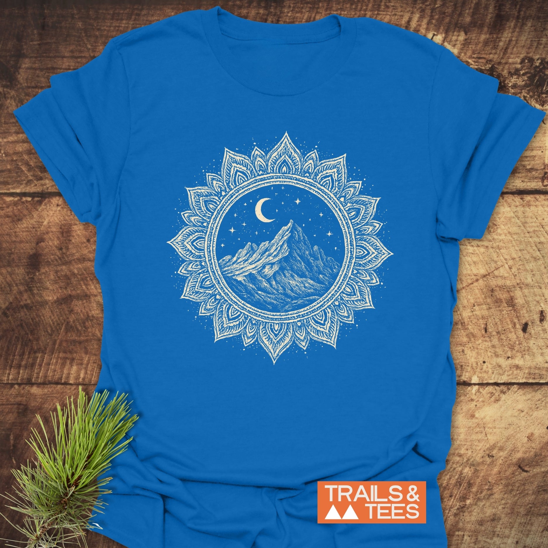 Mountain Mandala T-Shirt featuring a mountain and moon design, crafted from soft, lightweight cotton for comfort and durability, perfect for outdoor enthusiasts.