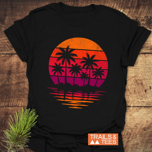 Retro Palm Trees T-Shirt featuring a palm tree silhouette design, crafted from soft ring-spun cotton, ideal for outdoor adventures, with durable prints and a reliable fit.