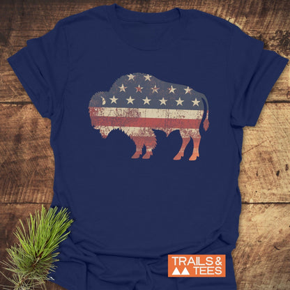 Land Of The Free Bison T-Shirt, close-up view showcasing durable DTF print on soft, lightweight cotton, ideal for outdoor adventures.