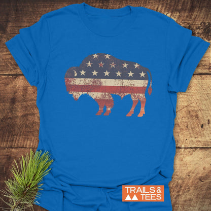 Land Of The Free Bison T-Shirt; close-up of the active shirt featuring a flag design, crafted from soft cotton, ideal for outdoor adventures.