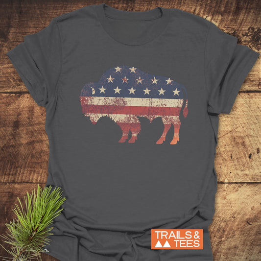 Land Of The Free Bison T-Shirt featuring a flag design, crafted from soft, lightweight cotton with durable prints, ideal for outdoor adventures and everyday comfort.