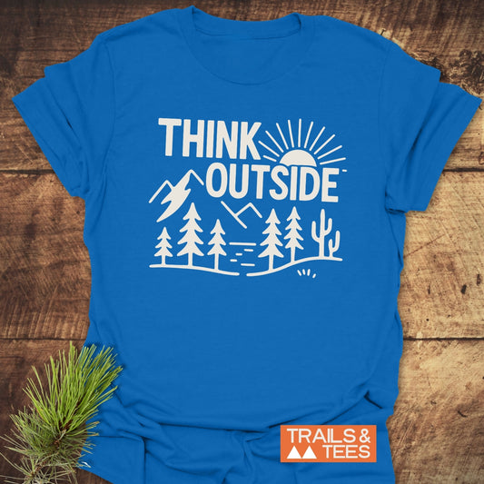 Think Outside Hiking T-Shirt with THINK OUTSIDE slogan, mountain and nature line-drawing, on soft cotton, logo visible. Designed for outdoor enthusiasts.