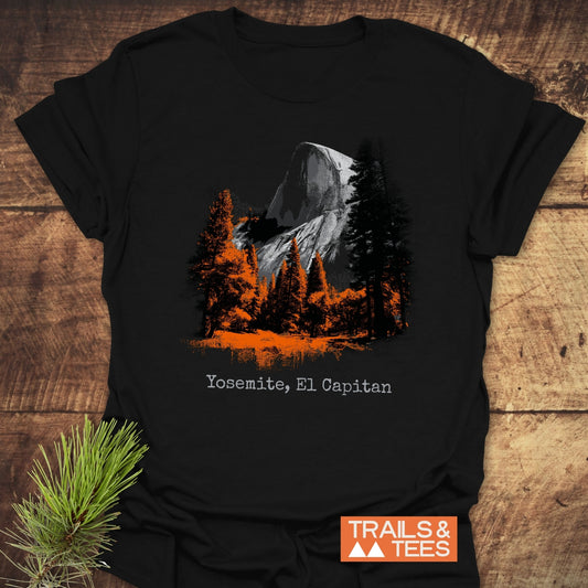 Yosemite El Capitan T-Shirt featuring an illustrated rock formation, pine trees, and logo. Crafted from soft cotton, ideal for outdoor enthusiasts.