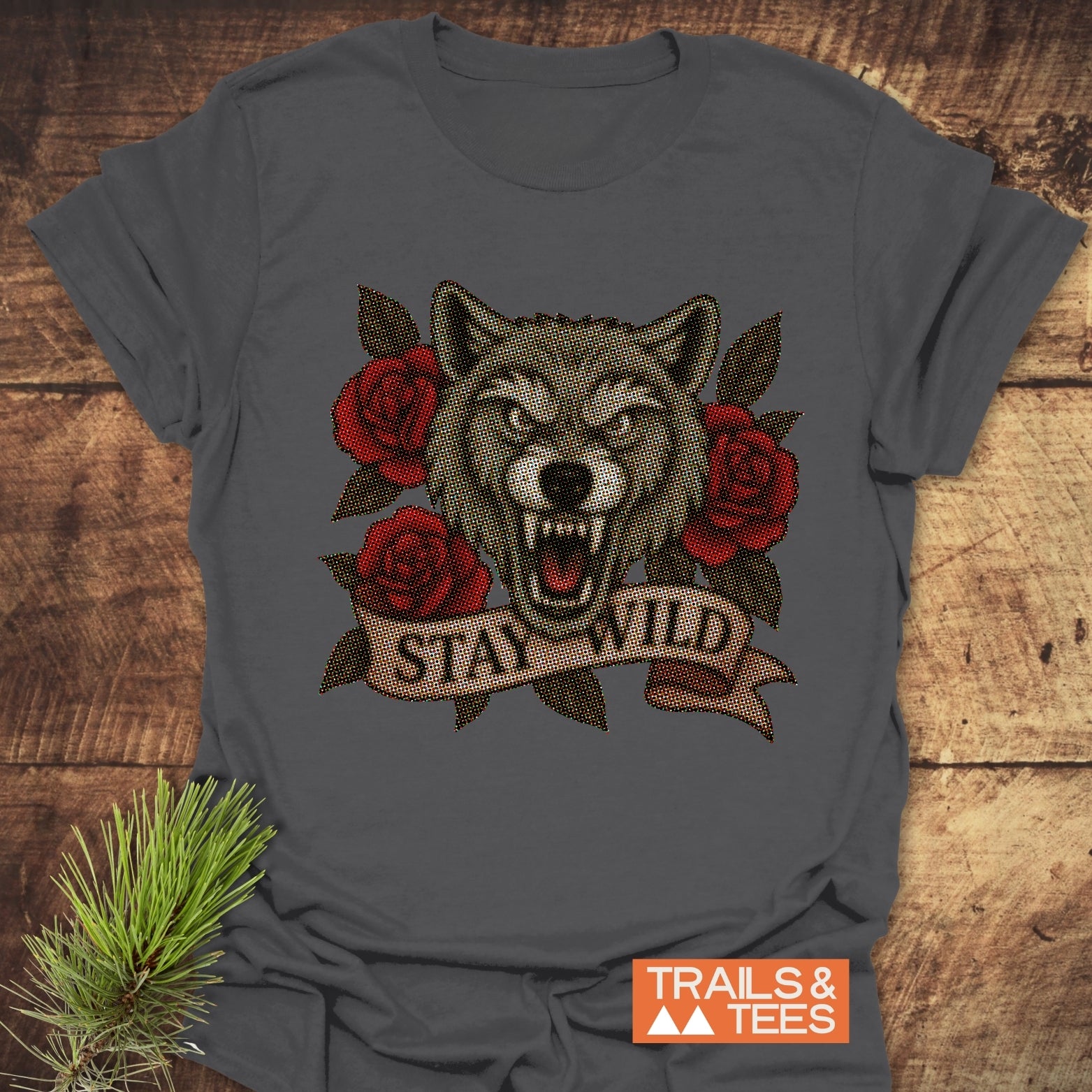 Stay Wild Wolf T-Shirt: Close-up of detailed wolf print on a soft, ring-spun cotton tee, designed for comfort and adventure. Pre-shrunk, durable, and eco-friendly.