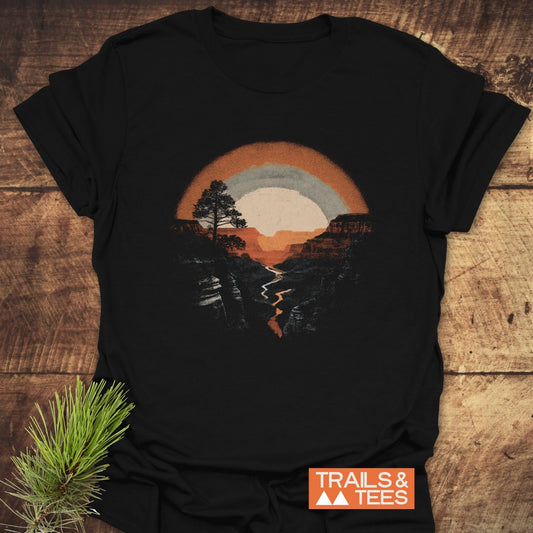 Hike Grand Canyon T-Shirt featuring a canyon landscape design with a river and tree silhouette, crafted from soft cotton for comfort and durability.