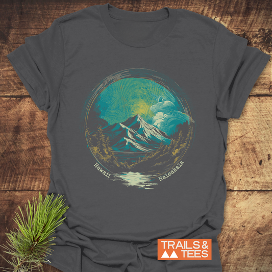 Hawaii Haleakala T-Shirt featuring a vintage mountain landscape illustration, perfect for outdoor enthusiasts, crafted from soft ring-spun cotton for comfort and durability.