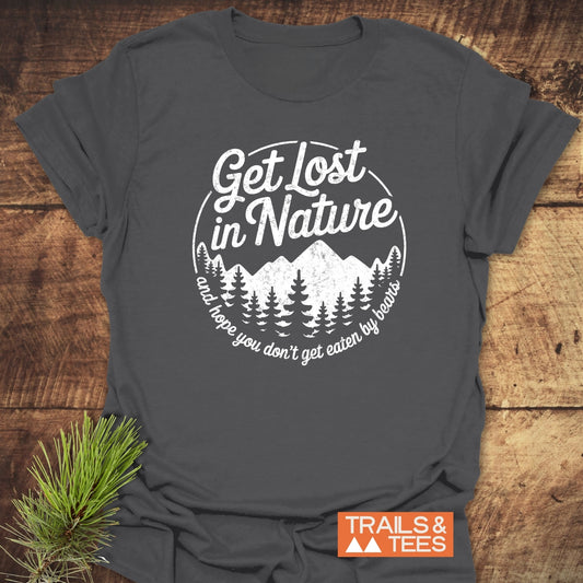 Get Lost In Nature Bear T-Shirt with mountain and forest graphic, crafted from soft cotton for comfort. Features durable prints and pre-shrunk fit.