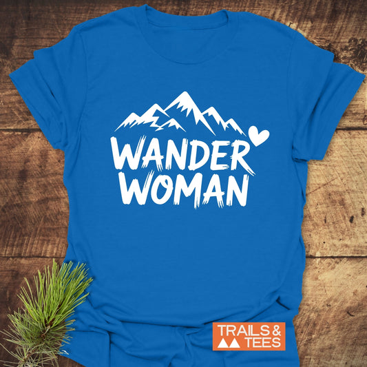 Wander Woman T-Shirt with mountain graphic, crafted from soft cotton, showcasing trail-tested comfort and durability, perfect for outdoor lovers.