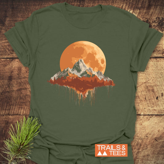 Orange Moon T-Shirt featuring a stylized outdoor scene with a full moon and mountains. Soft, ring-spun cotton, durable prints, designed for outdoor enthusiasts.