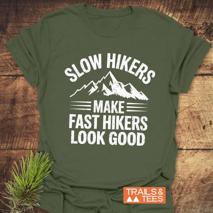 Slow Hikers T-Shirt featuring a mountain silhouette and slogan. Made from soft ring-spun cotton, pre-shrunk for fit, with durable, non-fading DTF prints.