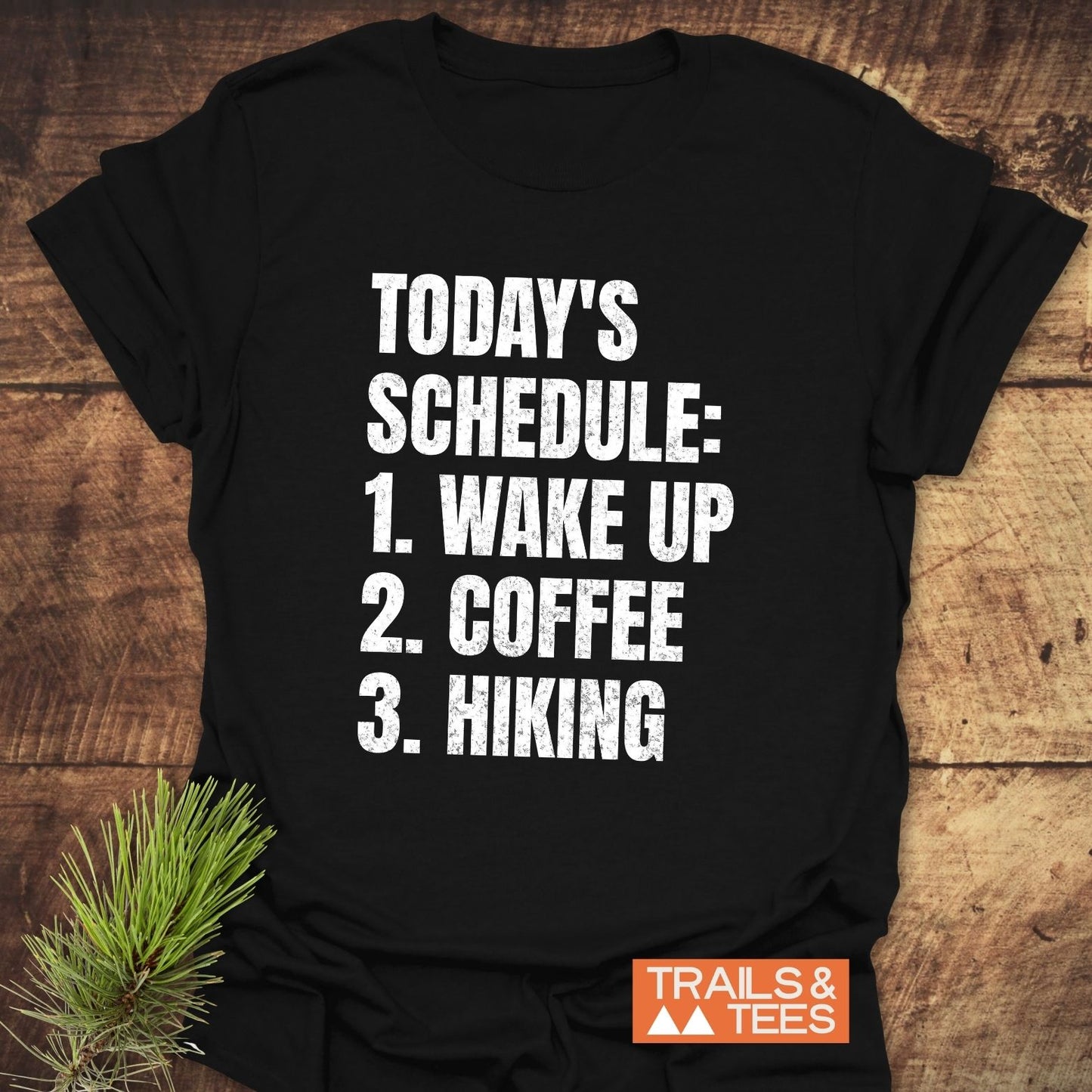 Today's Schedule Hiking T-Shirt in black, featuring a white slogan, laid flat on a wood surface with a fir branch accent, embodying outdoor adventure spirit.