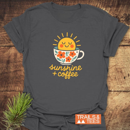 Sunshine And Coffee T-Shirt featuring a smiling sun in a coffee cup graphic, crafted from soft ring-spun cotton for trail-ready comfort with durable, fade-resistant prints.