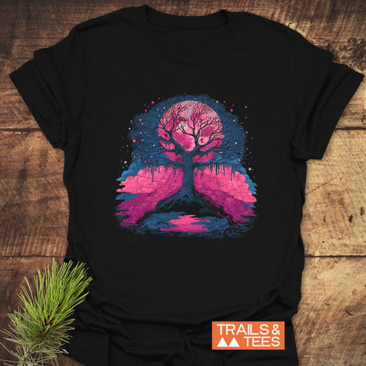 Tree Of Life T-Shirt featuring a gnarled tree against a pink moon, crafted from soft cotton, ideal for outdoor adventures, with durable, fade-resistant prints.