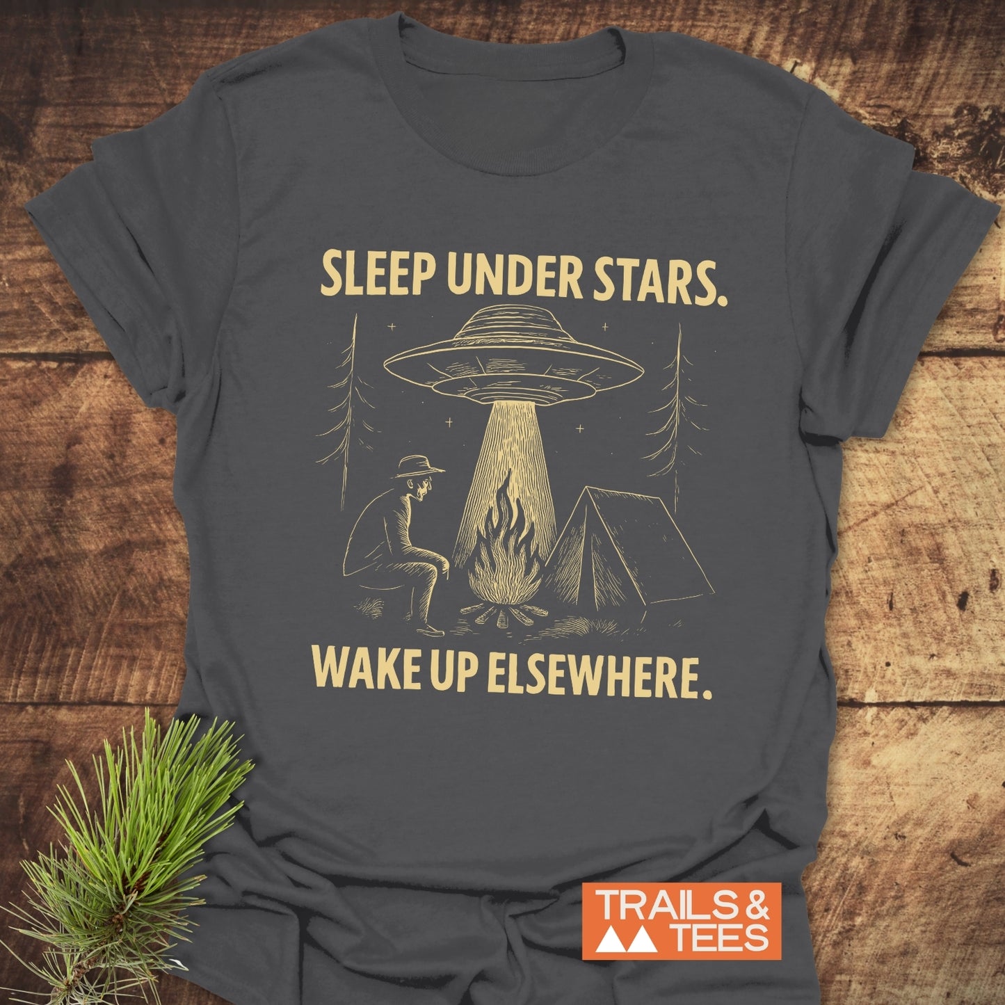 Sleep Under Stars UFO T-Shirt featuring a camper graphic with UFO. Made of soft ring-spun cotton, pre-shrunk, durable print, and eco-friendly.