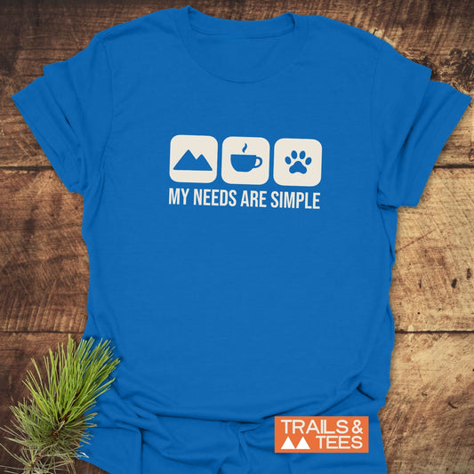 My Needs Are Simple T-Shirt featuring white icons and slogan, crafted from soft ring-spun cotton, designed for comfort and durability with pre-shrunk fit and durable prints.