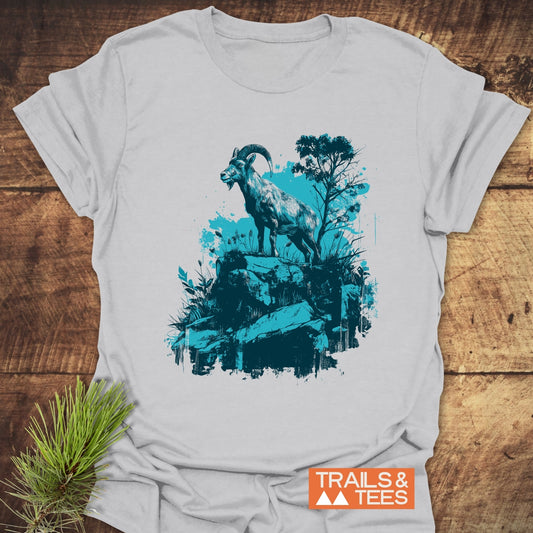 Wild and Steady – Mountain Goat T-Shirt featuring a teal mountain goat illustration, crafted from soft cotton with durable prints, ideal for outdoor enthusiasts.