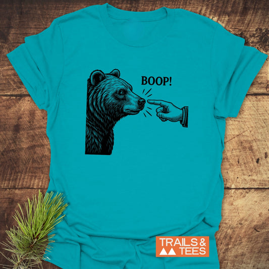 Boop! Vintage Bear Funny T-Shirt featuring a bear and finger print design, styled with a pine sprig. Comfortable, adventure-ready, and sustainably printed.