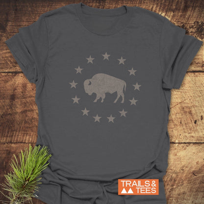 Born to Roam – Vintage Bison T-Shirt features distressed bison graphic, star circle, and TRAILS & TEES label on soft charcoal-gray cotton, styled with pine sprig.