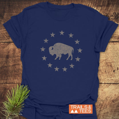 Born to Roam – Vintage Bison T-Shirt features a distressed bison silhouette with stars, crafted from soft cotton for comfort and durability, ideal for outdoor enthusiasts.