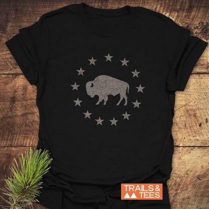 Born to Roam – Vintage Bison T-Shirt featuring a distressed bison graphic with stars, laid flat with TRAILS & TEES logo; styled with pine sprig.