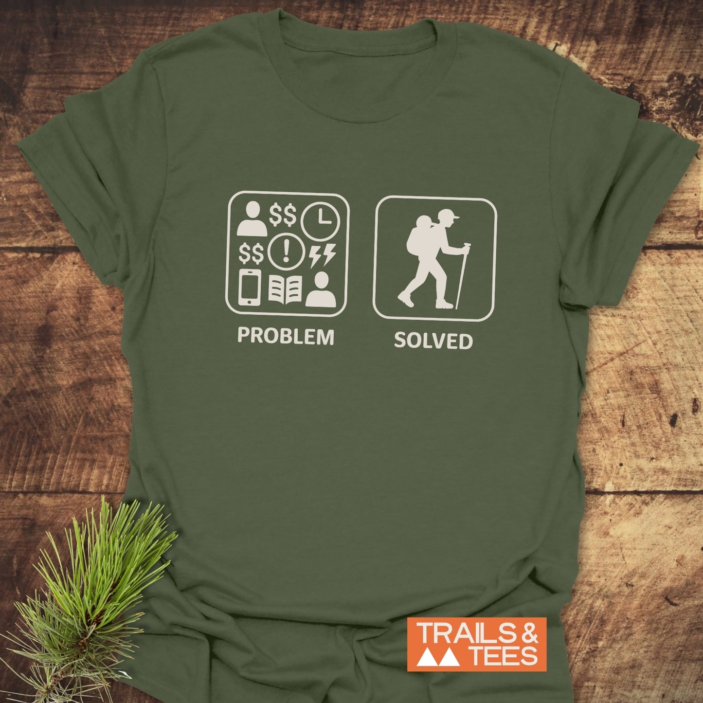 Problem Solved Hiking T-Shirt with pictograms highlighting stress and relief through hiking. Features soft cotton, durable prints, and sustainable production by Trails & Tees.