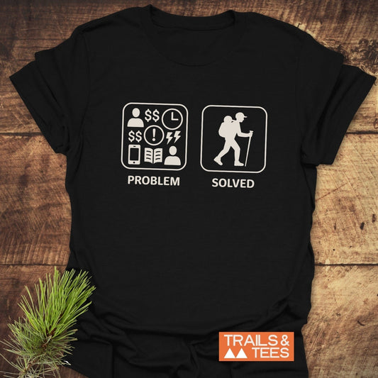 Problem Solved Hiking T-Shirt featuring stress-relief graphics; soft ring-spun cotton, durable print, pre-shrunk, taped shoulders, no side seams. Ideal for outdoor enthusiasts.