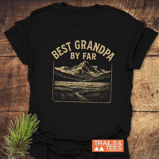 Best Grandpa By Far T-Shirt featuring a vintage mountain graphic and distressed font, crafted from soft cotton for comfort and durability, perfect for outdoor enthusiasts.