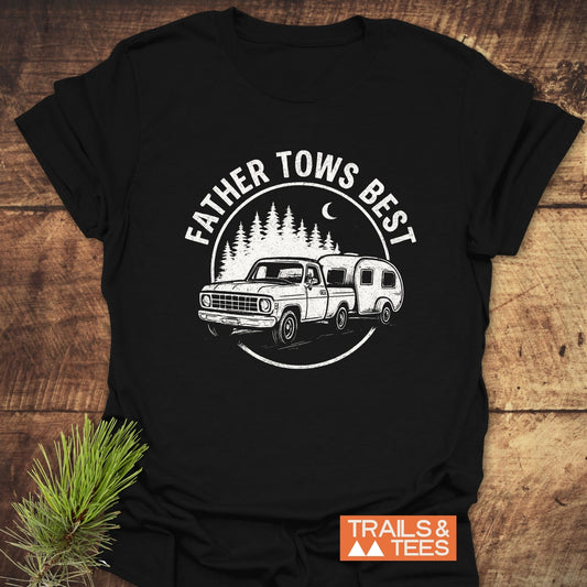 Father Tows Best T-Shirt featuring a vintage truck and trailer print on soft, lightweight cotton, ideal for outdoor enthusiasts.