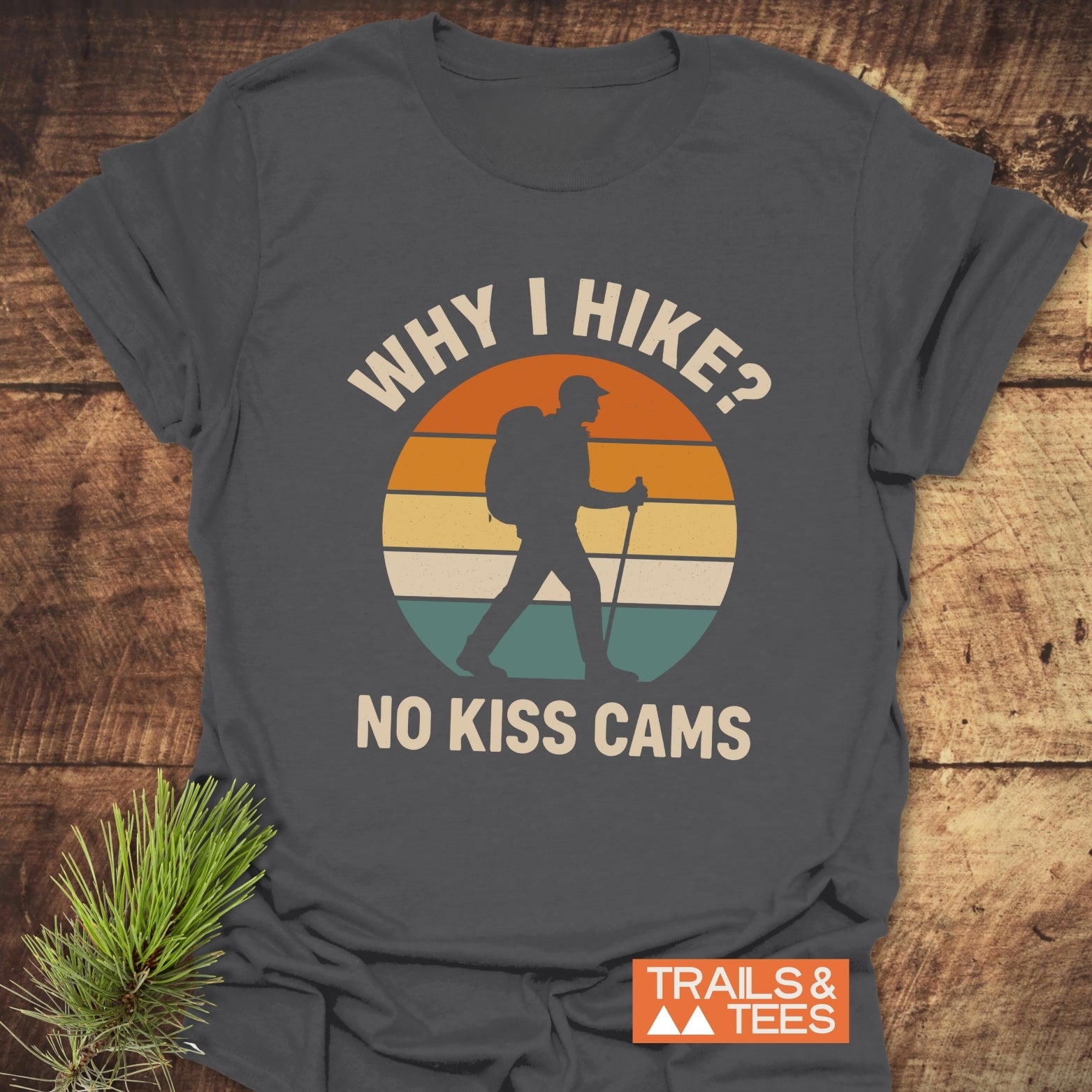 Why I Hike? No Kiss Cams T-Shirt featuring a retro hiker graphic on a charcoal-gray tee, highlighting outdoor adventure spirit and comfort-focused design.