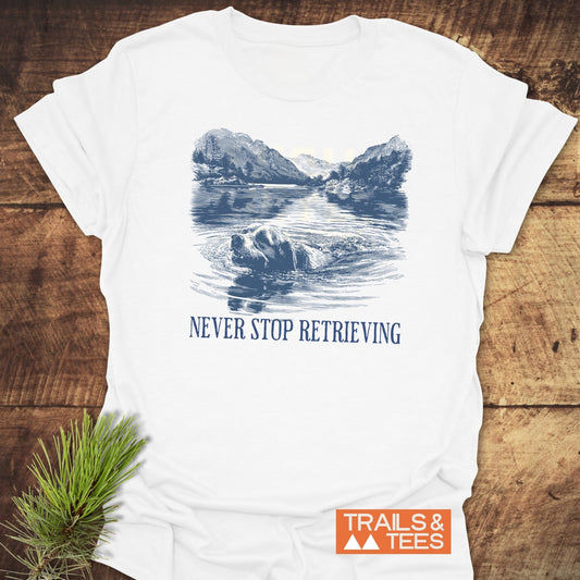 Never Stop... Golden Retriever T-Shirt featuring a retriever swimming, with NEVER STOP RETRIEVING slogan, made from soft ring-spun cotton, ideal for outdoor enthusiasts.