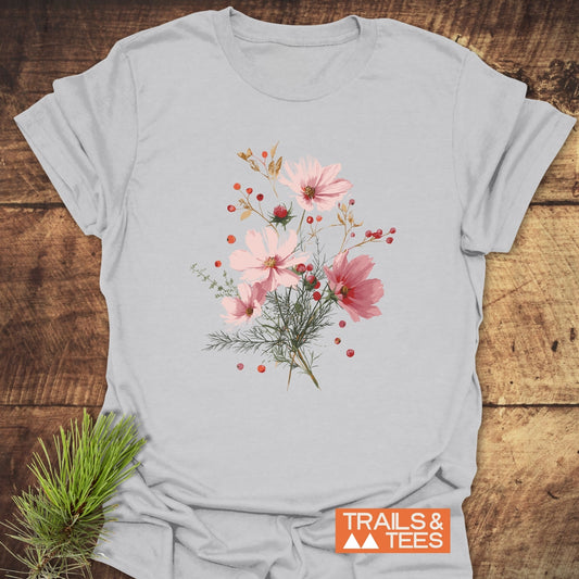 Wildflowers And Berries T-Shirt featuring delicate botanical print; crafted from soft, lightweight ring-spun cotton for everyday outdoor adventures.