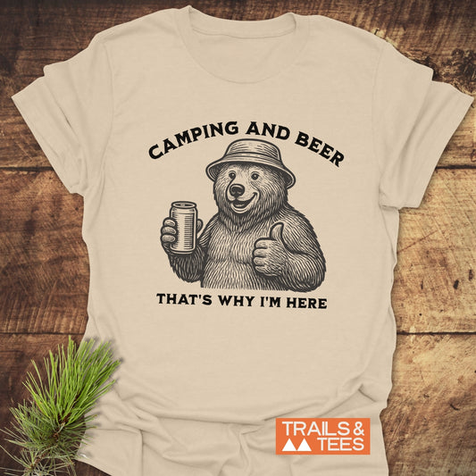 Camping And Beer T-Shirt featuring a bear illustration with a beer can and thumbs-up, styled with evergreen, showcasing outdoor adventure spirit and comfort.