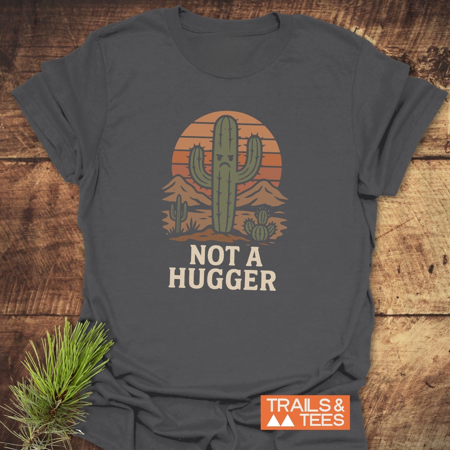 Not A Hugger T-Shirt featuring a grumpy cactus cartoon, mountains, and sun, with TRAILS & TEES logo, crafted for comfort and durability.