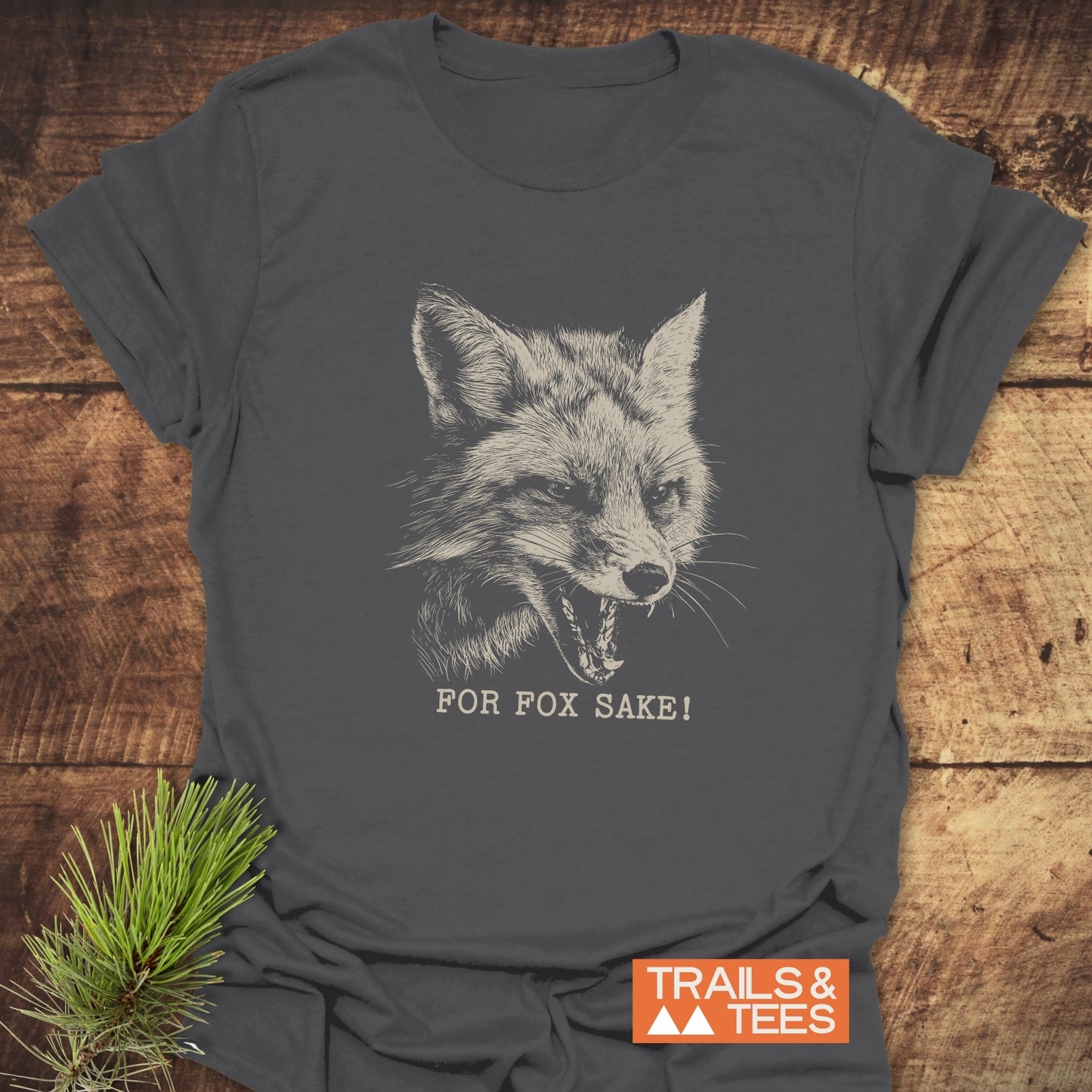 Charcoal-gray For Fox Sake! T-shirt with a snarling fox design. Made from soft cotton, it's perfect for outdoor adventures. Features durable print and taped shoulders.
