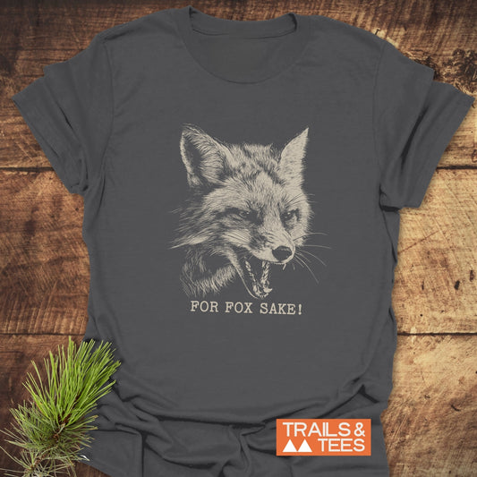 Charcoal-gray For Fox Sake! T-shirt with a snarling fox design. Made from soft cotton, it's perfect for outdoor adventures. Features durable print and taped shoulders.