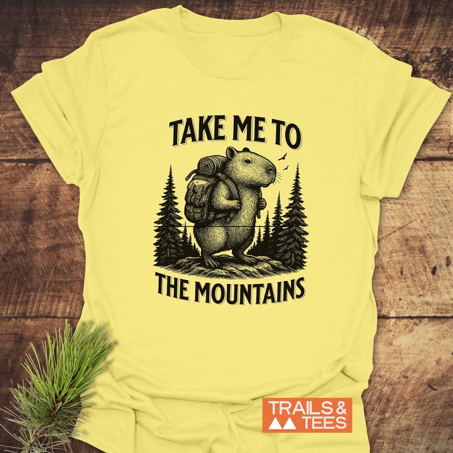 Capybara Mountains T-Shirt with a backpack-toting rodent illustration, TAKE ME TO THE MOUNTAINS text, and TRAILS & TEES logo, laid on wooden surface.