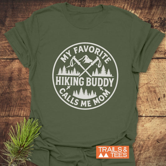 Hiking Buddy Mom T-Shirt with outdoorsy emblem, soft ring-spun cotton, durable print; perfect for adventure-loving moms.