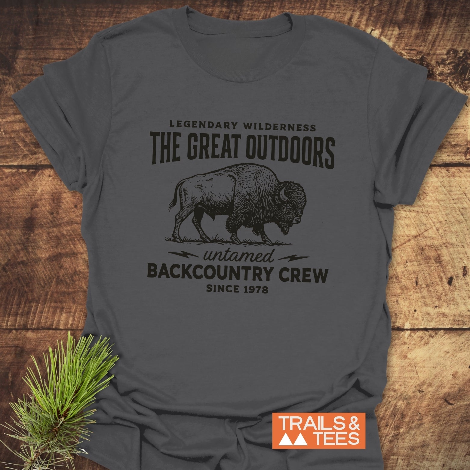 The Great Outdoors T-Shirt features a bison graphic with text on a dark-gray background, symbolizing adventure. Laid on rustic wood, highlighting outdoor spirit.